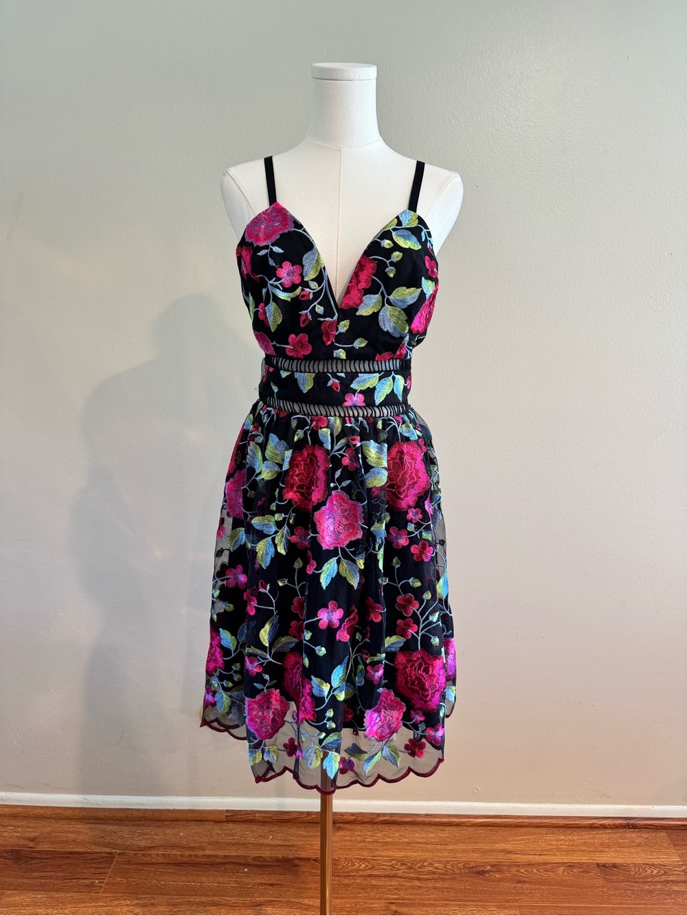 Nicole Miller Black Midi Dress with Bright Pink Floral Embroidery